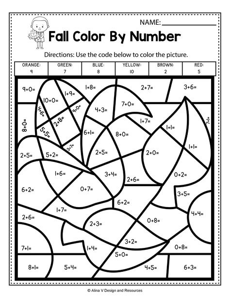 Fall Color By Number - Addition Math Worksheets and activities for preschool, kindergarten and 1st grade kids perfect for morning work and math centers. These worksheets are no prep and will help teachers save time during the school year. Math pages is a no prep packet packed full of worksheets and printables to help reinforce math skills in a fun way. #christmas #math #worksheets #kindergarten Addition Coloring Worksheet, Coloring Worksheets For Kindergarten, Kindergarten Math Worksheets Addition, Number Worksheet, Fun Math Worksheets, Fall Worksheets, Math Coloring Worksheets, Kindergarten Addition Worksheets, Math Addition Worksheets