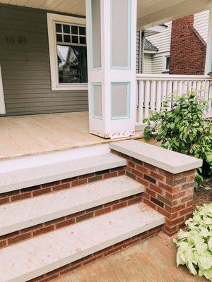 Cottage Front Steps, Craftsman Front Steps, Brick Stairs Front Porch, Front Porch Design With Stairs, Front Door Steps Ideas Entrance, Brick Steps Front Porch Entrance, Brick Stairs Outside Entrance, Brick Steps Front Porch, Porch Stairs Ideas