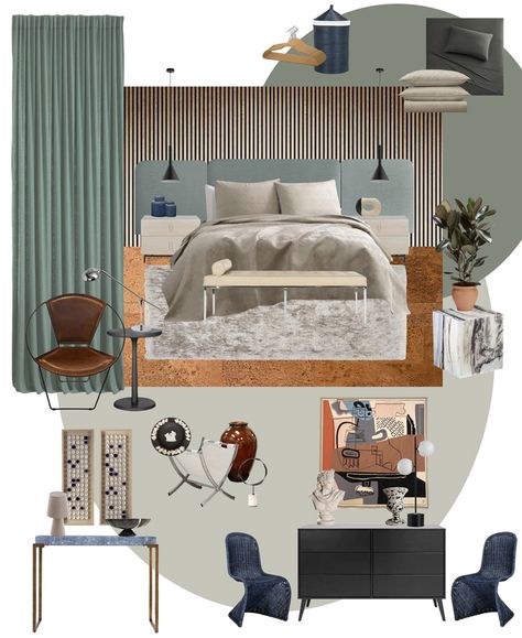 Master's Bedroom Interior Design, Mood Board For Bedroom Interior, Mood Board Of Bedroom, Residence Mood Board, Master Mood Board, Mood Boards For Bedrooms, Bedroom Interior Mood Board, Room Mood Board Bedrooms, Mid Century Modern Bedroom Mood Board