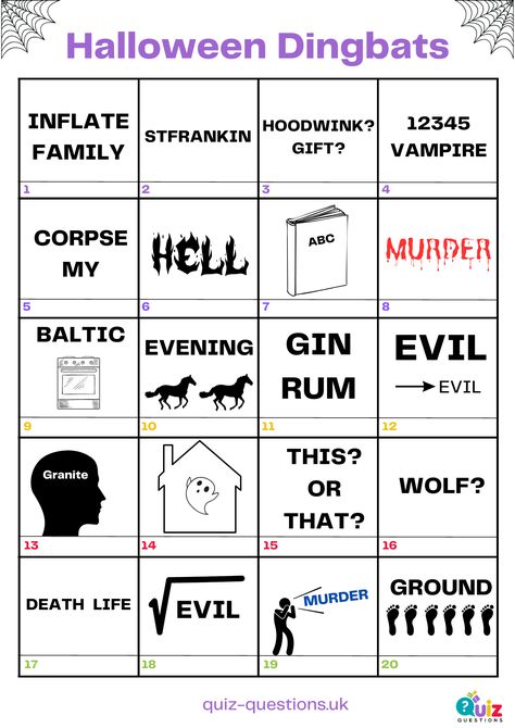 Halloween Dingbats Halloween Brain Teasers, Dingbats With Answers, Mind Games Puzzles With Answers, Halloween Jeopardy, Halloween Quiz For Adults, Halloween Jepordy Questions And Answers, Halloween Jepordy Questions, Halloween Quizzes, Halloween Puzzles Printables