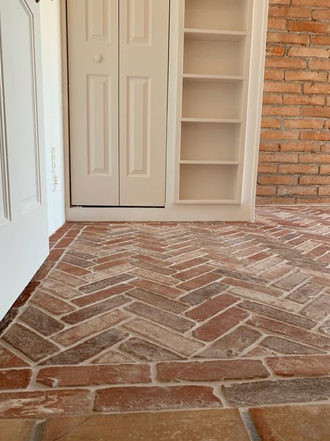 Our Brick Floors - My Vintage Porch Indoor Pavers Brick Flooring, Brick Tile Entryway Floor, Tile That Looks Like Brick Floor, Brick Entryway Floor, Red Brick Porch, Addition With Fireplace, Red Brick Floor, Brick Porches, Brick Kitchen Floor