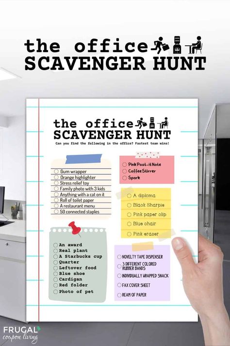 Want a super fun office party game for your next event? Try this printable office scavenger hunt for the workplace. This game for work is a great ice breaker game and team-building activity. Turn this hunt into an office-wide competition to build morale, add a office party game, create team-bonding, and more. Let the office party games begin, split into teams and have a bit of friendly competition with this group party game! Print the office scavenger hunt today! #FrugalCouponLiving Workplace Scavenger Hunt, Office Scavenger Hunt, Work Team Building Activities, Scavenger Hunt Template, Mall Scavenger Hunt, Scavenger Hunt Party, Office Themed Party, Work Team Building, Scavenger Hunt List