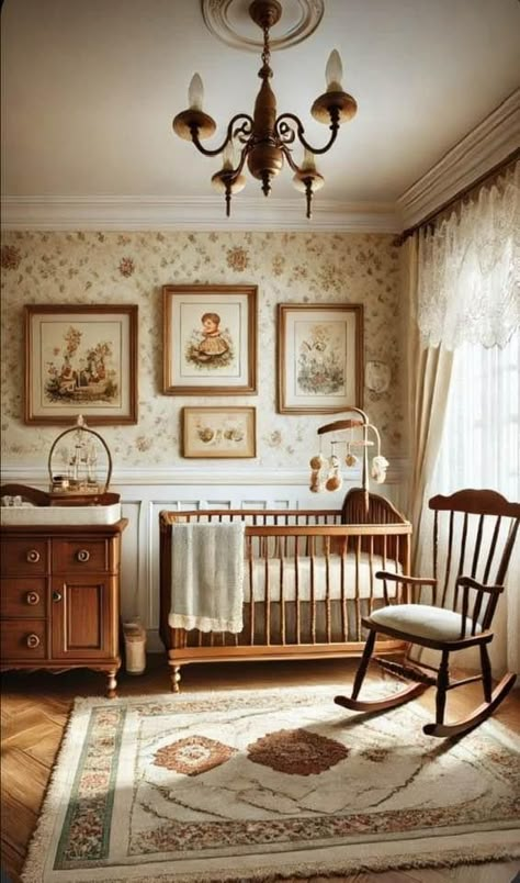 Jenny Lind Nursery Furniture, Wallpaper Crib Wall, Vintage Chair Decor Ideas, Country Vintage Nursery, Old School Nursery Room, Vintage Girls Room Ideas, Traditional Style Nursery, Vintage Rocking Chair Nursery, Vintage Baby Nursery Girl