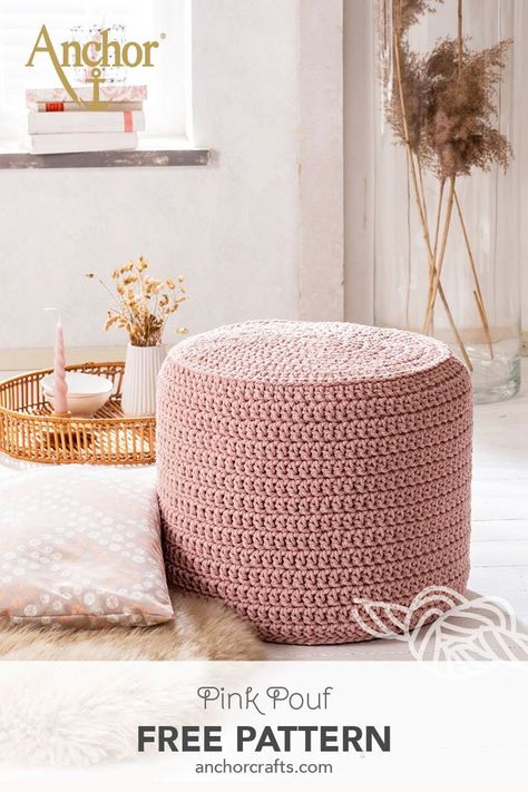 Pink Pouf Free Pattern Diy Crochet Pouf, Yarn For Macrame, Crochet Pouf Pattern, Pink Pouf, Crochet Pot Holders Free Pattern, Crochet Pouf, Crochet Cozy, Floor Pouf, Crochet Home Decor