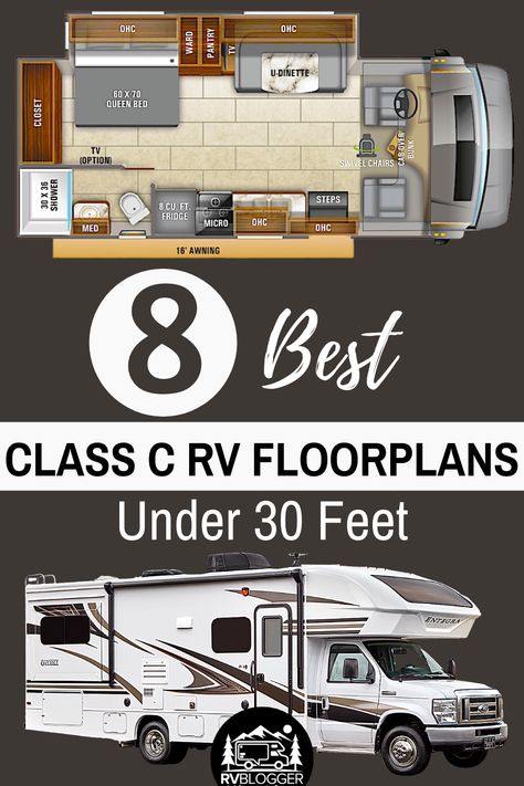 Thinking about buying a motorhome but intimated about the size? Check out the 8 best Class C RV floorplans under 30ft! Class C RVs offer all the amenities of a larger RV but comfortably drivable. These motor homes come with slide outs, large sleeping capacity and spacious bathroom. Check out these motorhome floor plans for more details. #rvblogger #classcrv #motorhome #smallmotorhome. #buyinganrv #rvfloorplans #rvreview #rvtour #rvtip #motorhomereview Class C Campers, Motorhome Remodel, Rv Floor Plans, Motorhome Interior, Motor Court, Kombi Motorhome, Rv Dreams, Camper Trailer Remodel, Rv Camping Tips