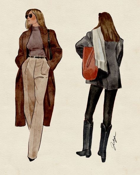 Fall Fashion Illustration Sketches, Fall Fashion Illustration, People Studies, Outfit Illustration, Lady Illustration, Fashion Sketchbook Inspiration, Fashion Model Sketch, Model Sketch, Fashion Drawing Sketches