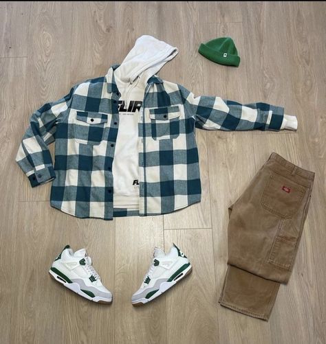 Mens Green Flannel Outfit, Casual Winter Flannel Streetwear Shirt, Plaid Flannel Outerwear For Streetwear, Outfit Grid Streetwear, Green Flannel Outfit, Cheap Flannel Streetwear Shirt, Flannel Outfits Men Streetwear, Fall Streetwear Outfits, Outfits For Big Men