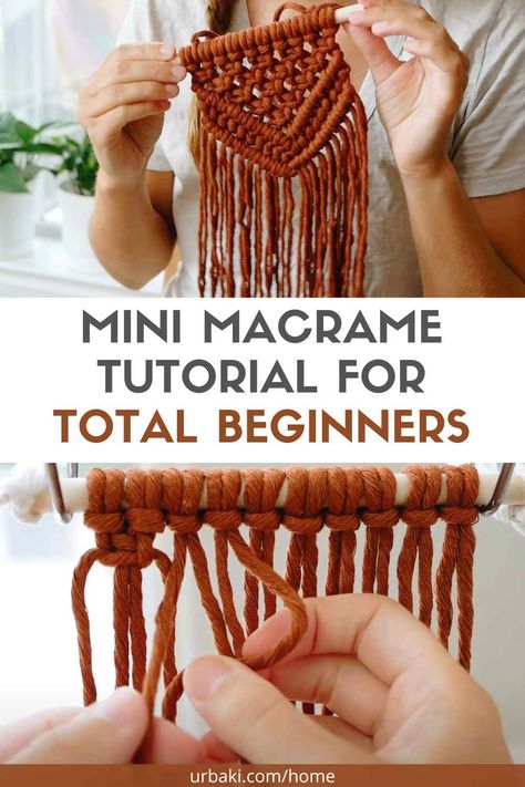 We wanted to share with you this tutorial on how to make a mini macrame wall hanging! This is a very beginner friendly project, even if you've never done macrame before doing this! You will need the following materials: 3 or 4mm single strand macramé cord, 42 feet of cord total, a 6-inch stick or wooden dowel. For the main section: cut 10 ropes, each 4 feet long For the Hanging Rope Cut 1 rope, 1 1/2 - 2 feet long. The truth is that it is much simpler than it seems. Macrame On Stick, Small Macrame Projects, Diy Macrame Plant Hanger Easy, Mini Macrame Wall Hanging, Macrame Wall Hanging Tutorial, Free Macrame Patterns, Simple Macrame, Macrame Knots Tutorial, Macrame Knots Pattern