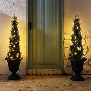 OAKRED Artificial Cedar Topiary Trees for Outdoors 4ft Fake Cypress Plants with Solar Light String, Faux UV Resistant Plants for Home Front Porch Decor，Set of 2 Cedar Topiary, Cypress Plant, Outdoor Tree Lighting, Home Front Porch, Plants For Home, Artificial Topiary, Fake Trees, Outdoor Trees, Christmas Lighting