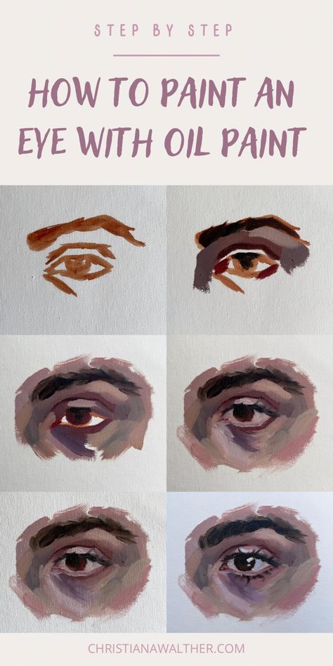 Step by step process of an eye oil painting study. Text reads “step by step, how to paint an eye with oil paints, Christianawalther.com” Eye Painting Oil Paint, How To Paint A Face With Oil, Simple Oil Paintings For Beginners, Oil Portrait Step By Step, Eye Painting Reference, Oil Painting Practice Ideas, How To Paint Faces With Oil Paint, Portrait Painting Steps, Oil Paint Practice