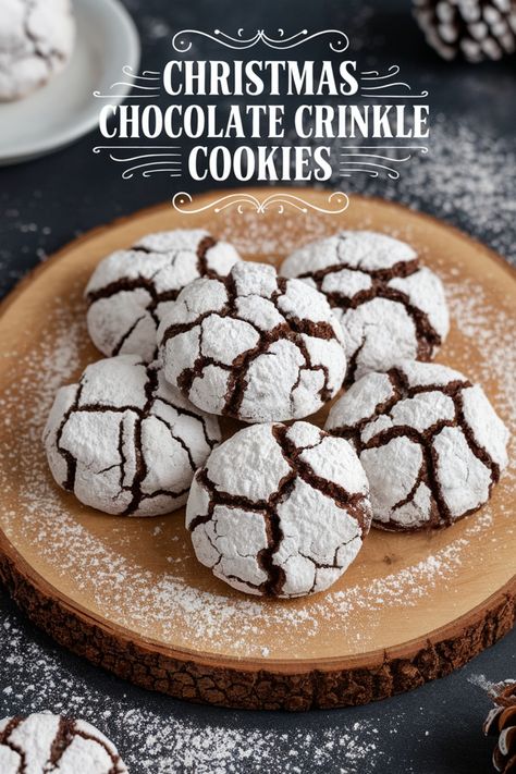 Christmas chocolate crinkle cookies on a wooden plate, dusted with powdered sugar. Kringle Cookies Chocolate, Hot Chocolate Crinkle Cookies, Soft Chocolate Crinkle Cookies, Mocha Crinkle Cookies, Coco Crinkle Cookies, Chocolate Peppermint Crackle Cookies, Choco Crinkles Recipe, Betty Crocker Chocolate Crinkle Cookies, Preppy Kitchen Crinkle Cookies