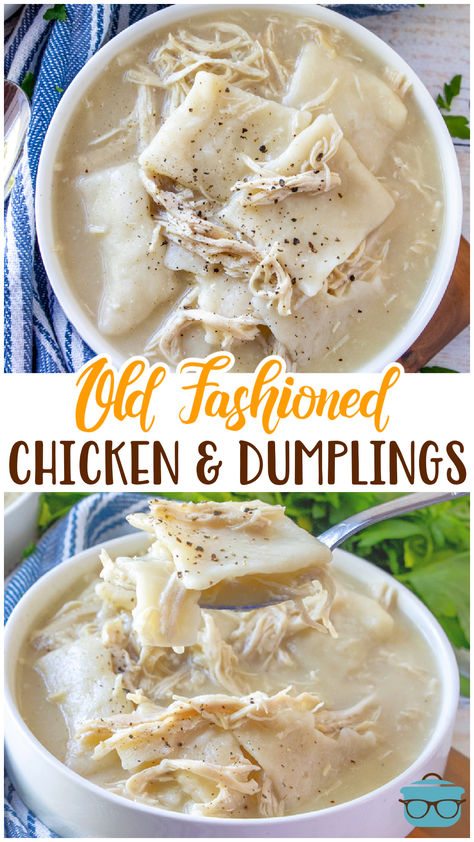 Old-Fashioned Chicken and Dumplings is a super simple recipe. Flat strips of dough simmered in a yummy broth with tender chicken. Chicken And Dumplin Recipe, Easy Chicken Dumpling Recipes, Dumplin Recipe, Best Chicken And Dumplings, Chicken Dumplings Recipe, Homemade Chicken And Dumplings, Homemade Dumplings, Dumpling Recipe, Tender Chicken