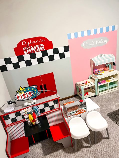 Playroom Restaurant Ideas, Role Play Playroom, Melissa And Doug Diner Makeover, Pretend City Playroom, Pretend Play Village, Playroom Town Ideas, Mini Town Playroom, Pretend Town Playroom, Little Town Playroom