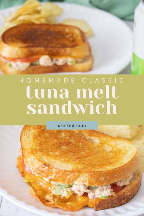 Grab the taste of a diner classic with this homemade tuna melt! With creamy tuna, crunchy celery, and melty cheese, it's one sandwich everyone craves! Hot Tuna Melt Sandwich, Baked Tuna Melt Sandwich, Grilled Tuna Sandwich Recipes, Tunamelt Sandwich Recipe, Tuna Melts Sandwich, Hot Tuna Sandwich, Tuna Melts Recipe, Easy Tuna Melt Sandwich, Tuna Sandwich Ideas