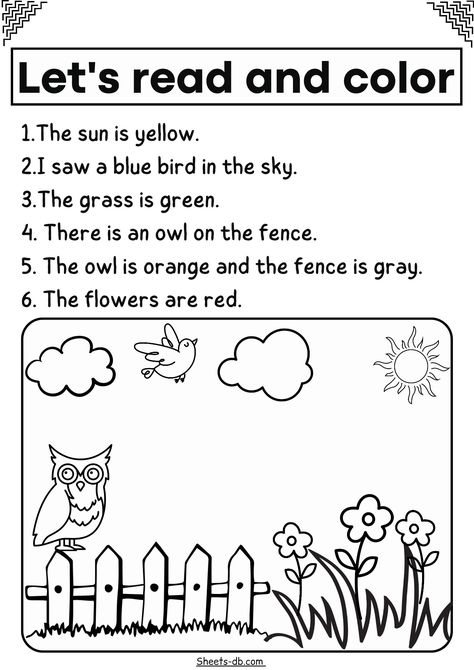 Free pdf Read And Color Worksheets, Read And Color, Reading Comprehension For Kids, Kindergarten Phonics Worksheets, Grammar For Kids, Kindergarten Reading Activities, Kindergarten Reading Worksheets, English Activities For Kids, Kindergarten Learning Activities