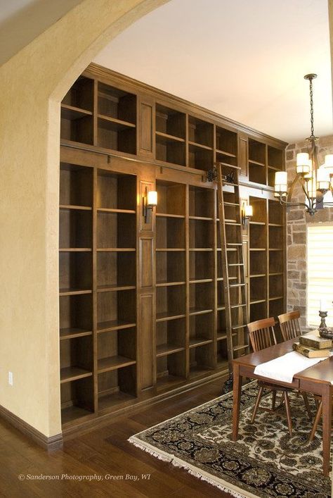 Mediterranean Dining, Mediterranean Dining Room, Home Library Rooms, Library Inspiration, Wood Ladder, Dining Design, Home Library Design, Home Libraries, Built In Bookcase