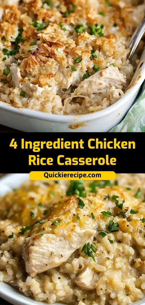 This 4-Ingredient Chicken Rice Casserole is a simple and satisfying one-dish meal. Made with chicken breasts, rice, and a creamy soup base, it’s perfect for busy weeknights. Ingredients: 2 chicken breasts 1 cup uncooked rice 1 can cream of chicken soup 1 cup chicken broth A creamy, easy casserole that’s a family favorite 5 Can Chicken Casserole, Easy Meals For Dinner With Rice, Simple Dinner Chicken, Chicken And Rice Casserole With Soup, Chicken Rice And Cream Of Chicken Soup, Quick Meals For 2 Dinner Ideas, Easy Chicken And Rice Casserole Simple, Chicken Stuffing Rice Casserole, Rice Based Casseroles