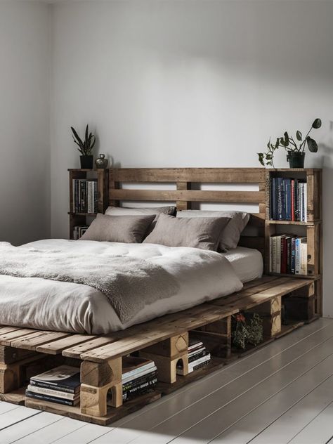 21 DIY Pallet Bed Ideas – The DIY Desire Diy Pallet Bed Ideas, Pallet Bed Ideas, Palette Bed, Diy Bed Frame Easy, Wood Pallet Bed Frame, Pallet Bed Frame Diy, Pallet Projects Bedroom, Pallet Bed Frames, Pallet Bed Frame