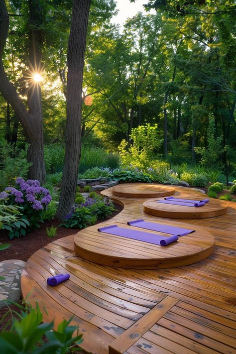 How to Create an Outdoor Yoga Sanctuary in Your Backyard Meditation Outside Space, Meditation Backyard Ideas, Outdoor Sanctuary Ideas, Outdoor Wellness Ideas, Yoga Park Outdoor, Outdoor Ritual Space, Meditation Deck Outdoor, Yoga Patio Ideas, Outdoor Yoga Area