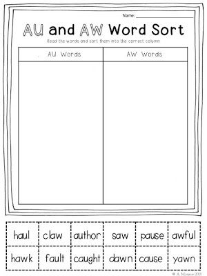 School Is a Happy Place: Need a Giggle? (A Cringe Worthy Story and a FREEBIE) Au Aw Activities Free, Word Sort Activities 1st Grade, Aw And Au Worksheets Free, Au Aw Worksheets, Aw Phonics, Vowel Combinations, Aw Words, Vowel Patterns, Communities Unit