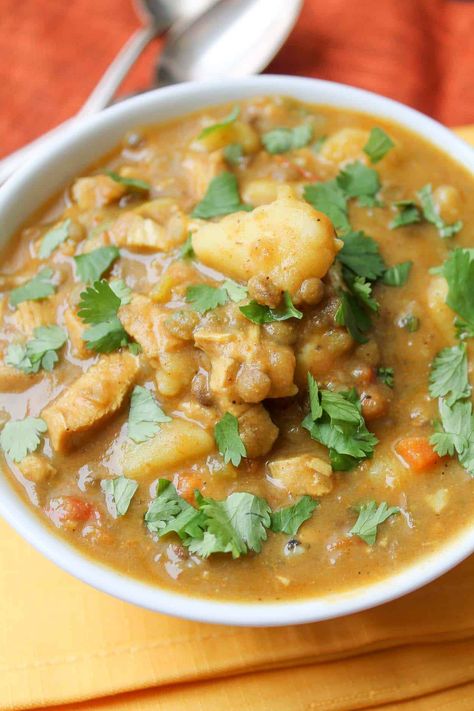 Curried Lentil & Potato Soup Lentil And Potato, Garlic Curry, Lentil Potato, Lentil Potato Soup, Crowded Kitchen, Diet Soup Recipes, Potato Stew, Vegan Stew, Tomato Broth