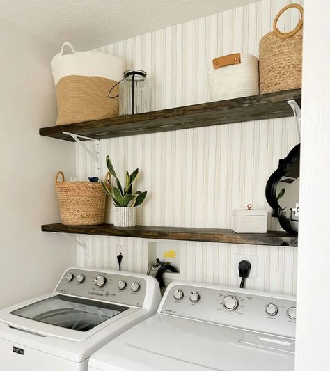 11 Very Small Laundry Room Ideas That Will Actually Make You Want To Do Laundry! - Home By Alley Laundry Room Organization Baskets, Room Organization Shelves, Cheap Laundry Room Makeover, Laundry Room Organization Shelves, Unique Diy Home Decor Ideas, Diy Laundry Room Shelves, Diy Home Improvement Kitchen, Wall Decorations Diy, Organization Baskets