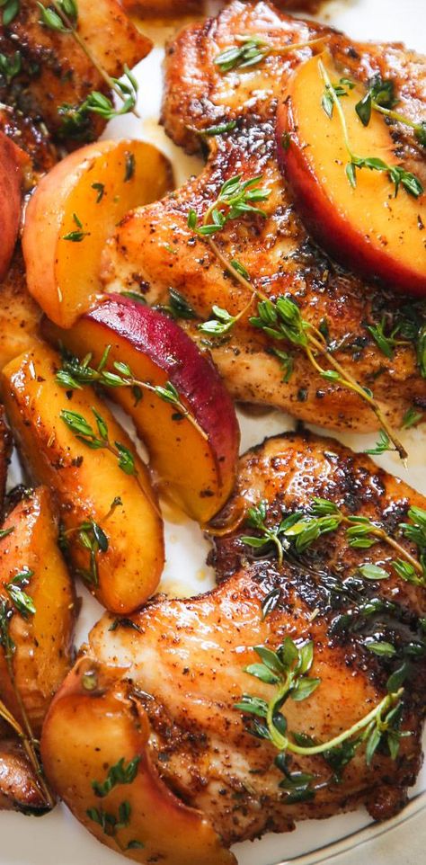 close-up photo of Chicken with Peaches. Chicken With Peaches, Peach Recipes Dinner, Chicken Entrees, Summer Recipes Dinner, Savory Chicken, Peach Recipe, Chicken Dishes Recipes, Summer Dinner, Poultry Recipes