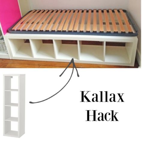 Kallax hack for a platform bed. #kallaxhacks #ikeahack #platformbed #kallax #bedroomdesign #diy Ikea Bed Hack, Cama Ikea, Diy Storage Bed, Ikea Kallax Shelf, Diy Platform Bed, Kallax Shelf, Bed Platform, Ikea Shelves, Ikea Bed