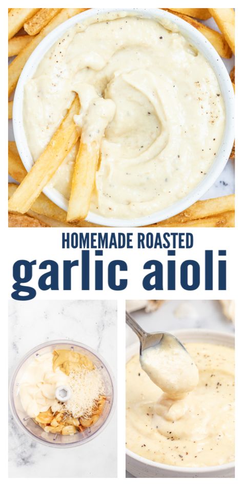 Ultra rich and creamy, this blended roasted garlic aioli will be your new favorite homemade condiment. Made with roasted garlic, dijon, parmesan, and a splash of lemon juice makes it perfect on top of your favorite sandwich or burger and great to dunk french fries into. #aiolirecipe #condiment #roastedgarlic #homemadeaioli #homemadesauce #homemademayo Garlic Aioli Recipe, Roasted Garlic Aioli, Aioli Recipe, Homemade Sauce Recipes, Homemade Condiments, Condiment Recipes, Garlic Aioli, Homemade Seasonings, Homemade Sauce