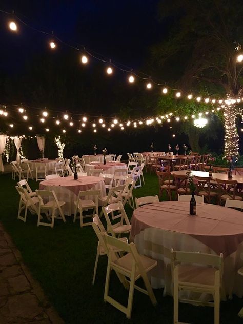 Quince Pool Party Ideas, Quince Decorations Ideas At Home, Outdoor Fairy Lights Party, How To Serve Food At A Party, Backyard Nikkah Decor, Outside Quinceanera Decoration, Small Outdoor Party Setup, Outside Quince, Debut Theme Ideas 18th Simple