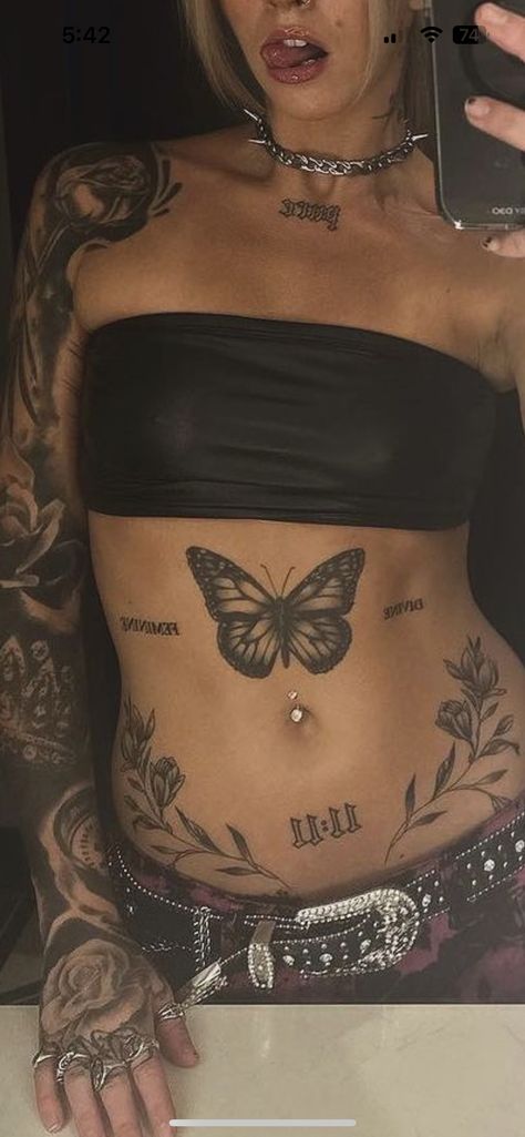 Side Stomach Tattoos, Lower Stomach Tattoos, Woman With Tattoos, Unique Butterfly Tattoos, Stomach Tattoos Women, Waist Tattoos, Belly Tattoos, Torso Tattoos, Belly Tattoo