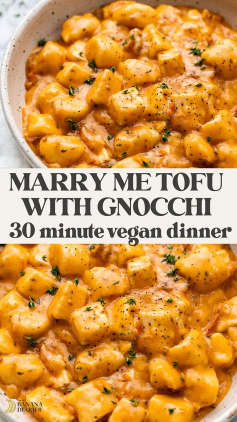 This irresistibly rich and creamy vegan Marry Me Tofu is the perfect date night vegan dinner recipe. It's even better than the popular Marry Me Chicken, featuring juicy crispy tofu cubes cooked in a creamy yet dairy free cheesy sun-dried tomato sauce and pillowy gnocchi- but so easy to make in just 30 minutes! Tofu Recipes Gluten Free, Creamy Vegan Gnocchi, Date Night Vegan Dinner, Marry Me Tofu Recipe, Vegan Anniversary Dinner, Date Night Dinner Recipes Vegetarian, Vegan Baked Dishes, Marry Me Pasta Vegetarian, Vegan Cheesy Pasta