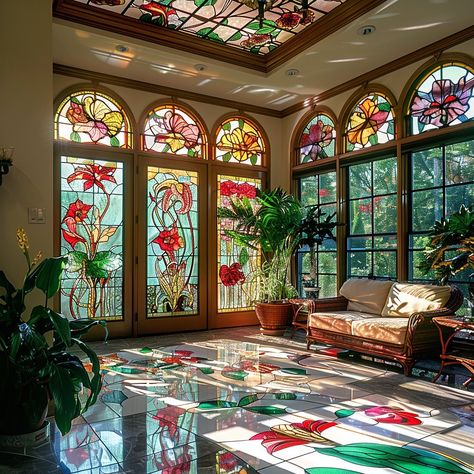 Experience the beauty of our Stained Glass Sunroom—a luminous sanctuary adorned with vibrant panels that dance in the sunlight, creating a tranquil retreat in your home. Conceptual AI Art Follow @ecosapiens for more! Room With Stained Glass Window, Houses With Stained Glass Windows, Glass Architecture Model, Beautiful Stained Glass Windows, House With Stained Glass Window, Stained Glass Shed, Stain Glass Greenhouse, Stained Glass Sunroom, Stained Glass In Home