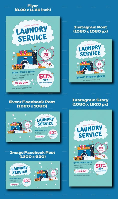 Blue Retro Laundry Service Flyer Set Laundry Service Poster Design, Service Advertisement Poster, Laundry Poster Design Ideas, Laundry Graphic Design, Laundry Poster Design, Laundry Flyer Design, Banner Laundry, Laundry Ads, Bujo Design