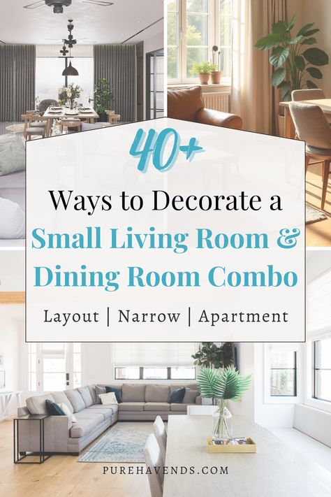 Discover cozy and modern decor ideas for small living and dining room combos! Get tips on layouts, color schemes, furniture placement, and wall decor to maximize your space beautifully. #smalllivingroom #diningroomideas #blog Formal Dining Room And Sitting Area, Front Room And Dining Room Ideas, Combination Dining And Living Room, Modern Living Room With Dining Area, Neutral Living Dining Room, Dining Room And Seating Area Combo, Living Dining Combo Layout, Lounge Diner Ideas Layout, Dining Table Living Room Combo