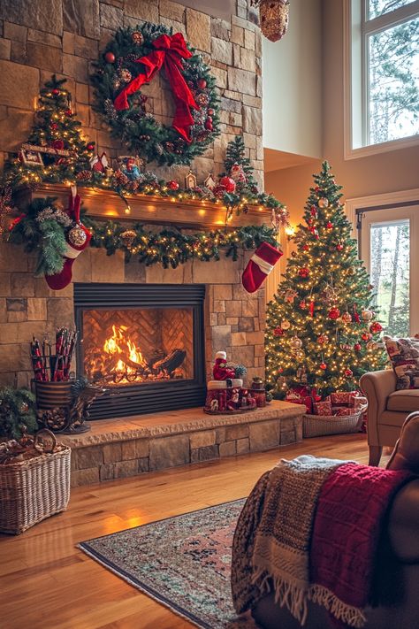 Transform your living room into a winter wonderland with this cozy decor. The festive wreath, twinkling lights, and crackling fireplace bring warmth and cheer. Perfect for a holiday ambiance! #WinterHomeDecor #HolidayDecor #CozyVibes Nostalgic Christmas Decorations Diy, Nastolgic Christmas Aesthetic, Chrismast Vibes Aestethic, Timeless Christmas Decor, Christmas Dreaming, Cozy Christmas Decor, Creative Christmas Trees, Christmas Decor Inspiration, Scandinavian Minimalist