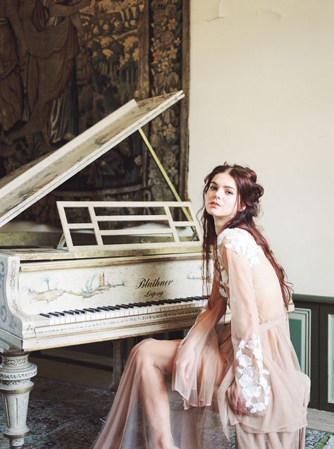 Luxury Wedding Editorial at Chateau de Carsix in Normandy Pianist Girl, Piano Photoshoot, Bride Photoshoot, Film Photographer, Grand Piano, French Chateau, Fine Art Wedding Photography, France Paris, Bridal Shoot