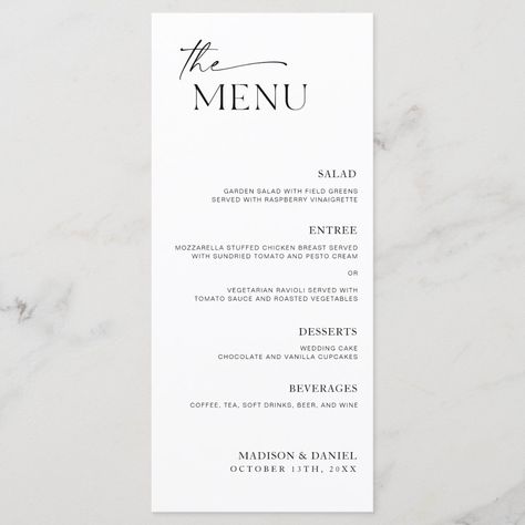 Buffet Menu Ideas Wedding, Menus On Wedding Tables, Modern Wedding Menu Cards, Long Menu Design, Wedding Reception Menu Cards, Menu For Wedding Reception, Wedding Menu Inspiration, Wedding Dinner Menu Cards, Wedding Menu Place Setting