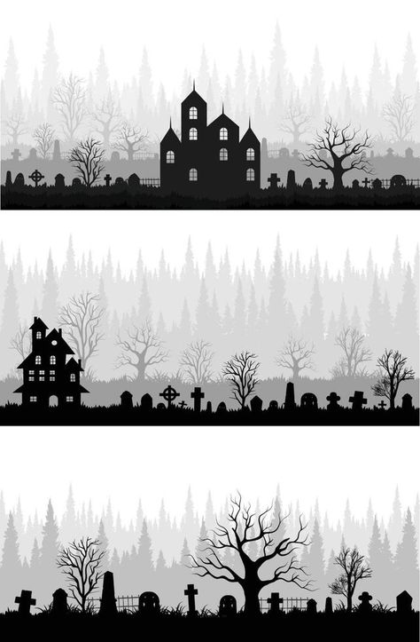 Background of spooky graveyard silhouette with copy space area. Vector illustration for banner, poster, Halloween celebration, card, etc Halloween Vector Illustration, Vintage Illustration 50s, Graveyard Illustration, Christmas Animals Illustration, Graveyard Silhouette, Christmas 50s, Halloween Window Decor, Christmas Illustration Art, Christmas Concert Ideas