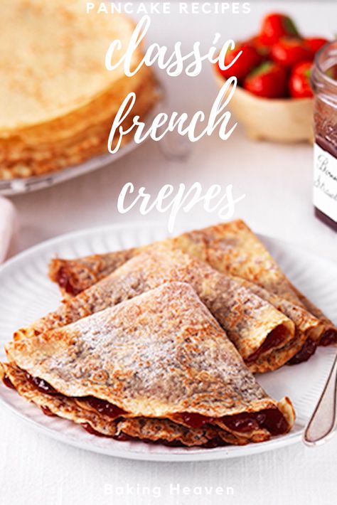 Classic french crepes recipe by Bonne Maman There’s nothing better than a simple classic french crepe, sprinkle some sugar and squeeze some lemon juice on… perfection! French Crepes Recipe Easy, Traditional Crepe Recipe, Authentic French Crepes Recipe, French Crepes Recipe, French Breakfast Recipes, Best Crepe Recipe, French Crepe Recipe, Italian Main Dishes, Easy French Recipes