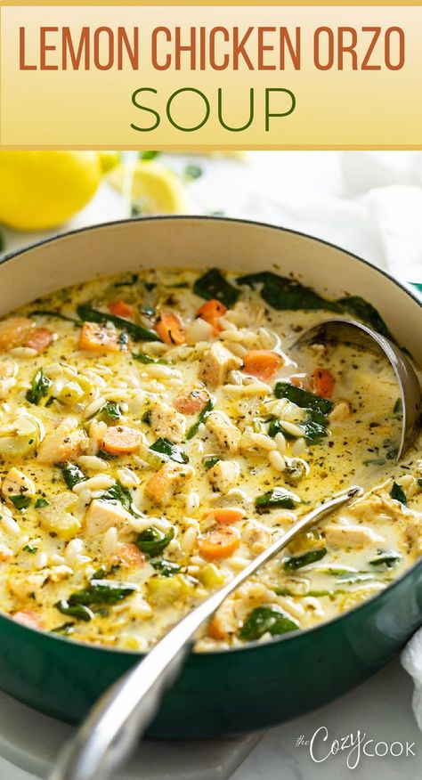 lemon chicken orzo soup with spinach Lemon Chicken Soup With Orzo, Chicken Soup With Orzo, Creamy Taco Soup, Soup With Orzo, Soup Cozy, Lemon Chicken Orzo, Orzo Soup Recipes, Lemon Soup, Lemon Chicken Soup