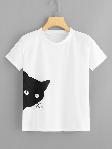 Cat Print Tee -SheIn(Sheinside) T Shirt Painting, Shirt Design Inspiration, Shirt Print Design, Cooler Look, Creation Couture, Painted Clothes, 자수 디자인, Tee Shirt Designs, Tshirt Outfits