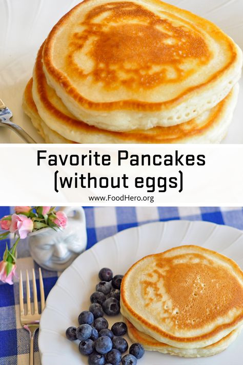 No eggs? Our Favorite Pancakes are fast and fresh, and this version of the recipe can be made without eggs. Add toppings such as berries, yogurt or applesauce to make these pancakes your own. Pancake Recipes Without Eggs, Homemade Pancakes Easy No Egg, Applesauce Pancakes No Eggs, Pancake Mix No Eggs, No Egg Pancakes Easy, Easy Pancakes No Egg, No Eggs Pancakes Recipe, Breakfast Recipe No Eggs, Breakfast Ideas Healthy Pancakes