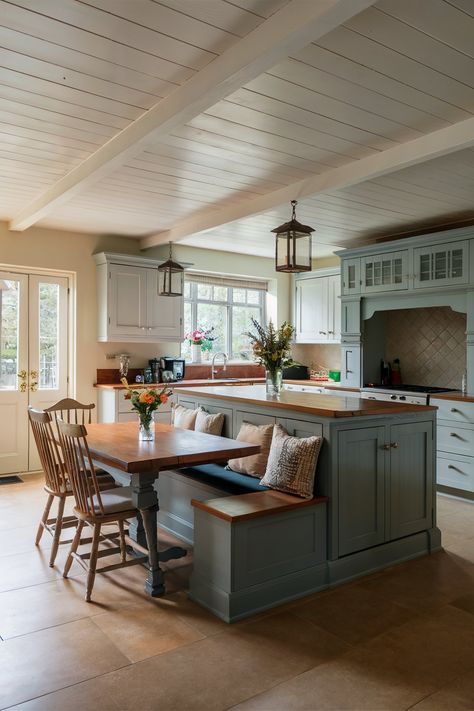 Kitchen with built-in banquette seating attached to an island, wooden dining table, and chairs in a farmhouse-style space Kitchen Island With Banquette, Island With Banquette Seating, Island With Banquette, Kitchen Island With Banquette Seating, Kitchen Island Table Combo, Nook Seating, Kitchen Islands With Seating, Islands With Seating, Banquette Seating In Kitchen