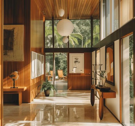 Mid Century Modern Living Room Mixed Wood, Concrete Floor Mid Century Modern, Famous Mid Century Homes, Mcm Design Interiors, Interior Design Nature Inspired, Natural Lighting Home, Mcm Hallway, Mid Century Modern Mudroom, Mid Century Modern Flooring