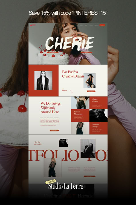 The Cherie Squarespace template is perfect for brand strategists, social media managers, and content creation agencies that need a responsive website template design! This high-converting layout is complemented by a blend of bold colors, modern typography, and a seamless user experience. Plug in your own logo, images, and service offerings to this website template layout to launch. Designed by Studio La Terre. Tattoo Shop Website Design, Creative Director Website Design, Red Website Design Inspiration, Indie Website Design, Red Social Media Design, Blog Templates Design Layout, Creative Studio Branding, Lifestyle Website Design, Red Web Design