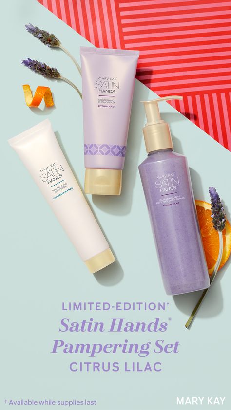 NEW! Limited-Edition† Citrus Lilac Satin Hands® Pampering Set, $38  Wrap your hands in the same softening care you know and love, now enlivened by brightening hints of orange and soft floral notes of lilac.  It smells like what you think purple should smell like.  Available in my store direct. Contact me to get yours Product Posters, Timeless Makeup, Mary Kay Satin Hands, Selling Mary Kay, Trending Makeup, Rough Hands, Satin Hands, Mary Kay Business, Beauty Consultant