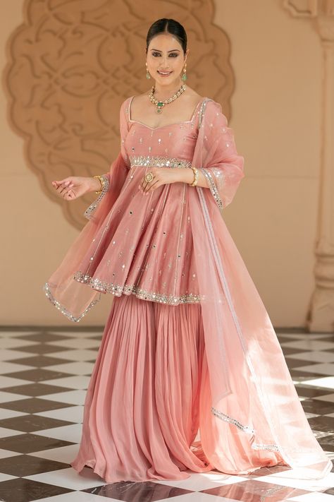 Shop for these amazing collections of Pink Semi Crepe Embroidered Mirror Sweetheart Peplum Kurta Sharara Set For Women by Esha Koul online at Aza Fashions. Sharara Hand Design, Sharara Simple Designs, Kurta Sets For Women Wedding, Anarkali Sharara Suits, Sharara Sleeves Design, Sharara Set For Women, Sharara Kurta Designs, Kurta Lehenga Designs, Sharara Designs Simple