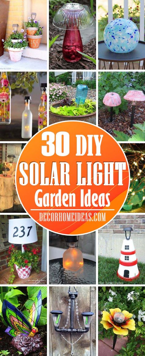 Solar Light Garden Ideas. Add more light to your garden or backyard with these creative DIY solar light ideas that are easy and cheap to do. #diy #solar #light #solarlight #garden #decorhomeideas Light Garden Ideas, Solar Light Ideas, Cheap Solar Lights, Solar Light Garden, Door Lighting, Solar Chandelier, Solar Yard Lights, Tattoo Plant, Solar Light Crafts