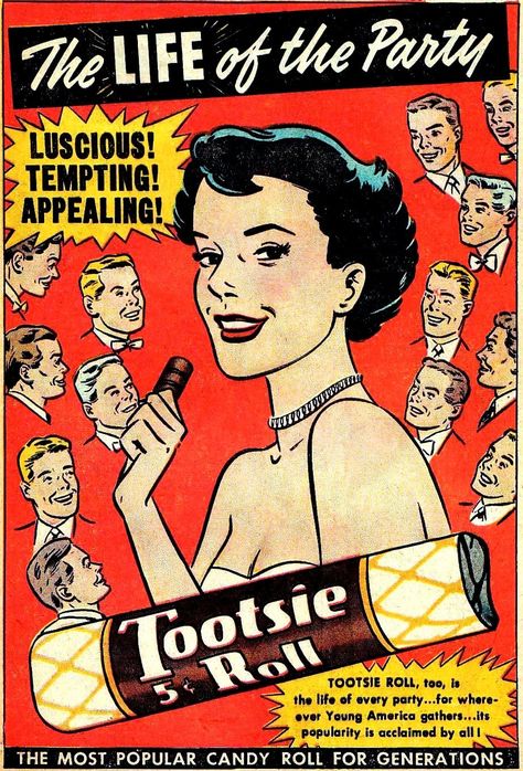 The history of Tootsie Rolls, once America's favorite candy (and Tootsie Pops, too) 1950s Party, Futurisme Retro, Poster Vintage Retro, Vintage Advertising Posters, Tootsie Roll, Psy Art, Old Advertisements, Keramik Design, Retro Advertising